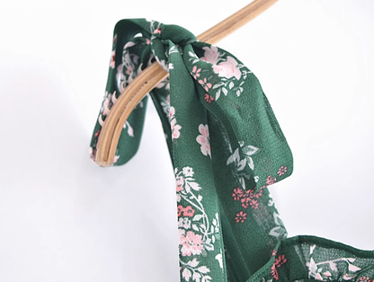 2025 Summer New Retro Green Floral Fungus Small A-line Suspender Dress R0926