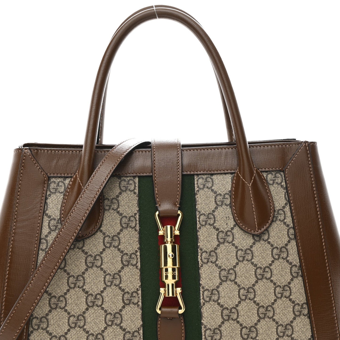 GG Supreme Monogram Azalea Calfskin Web Medium Jackie 1961 Tote Beige Ebony Brown Sugar