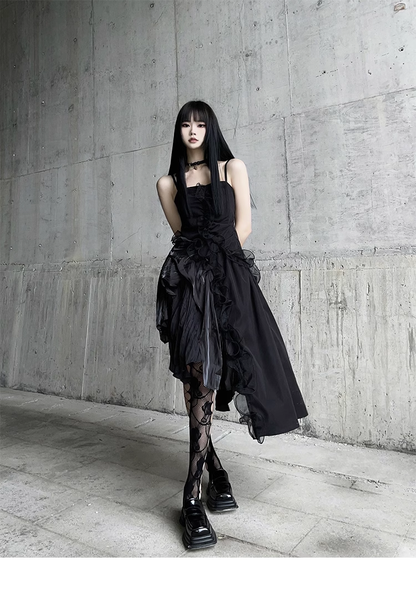Women Fashion Black Irregular  Spaghetti Strap Dress TP2908