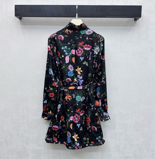 GG SS26 Flora Print Mini Dress Black Multicolor Silk 351771