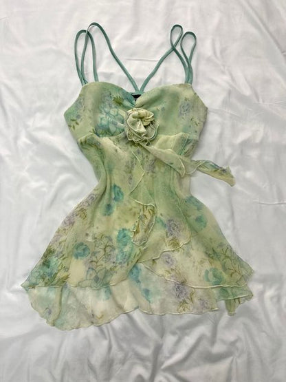 Green floral suspenders waist slimming fresh mini skirt homecoming dress R2682