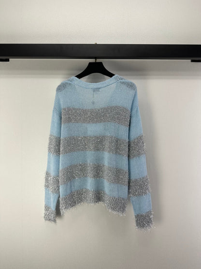 CC 26C Knit Long-Sleeve Cardigan Blue Grey Stripes Wool Acrylic Nylon 349042