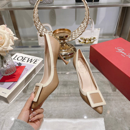 Belle Viv Metal Buckle Pumps 85 Camel Patent Leather