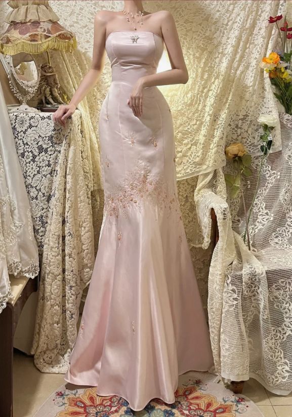 Vintage Pink Satin Embroidery Strapless Mermaid Long Prom Dress Evening Dress TP4570