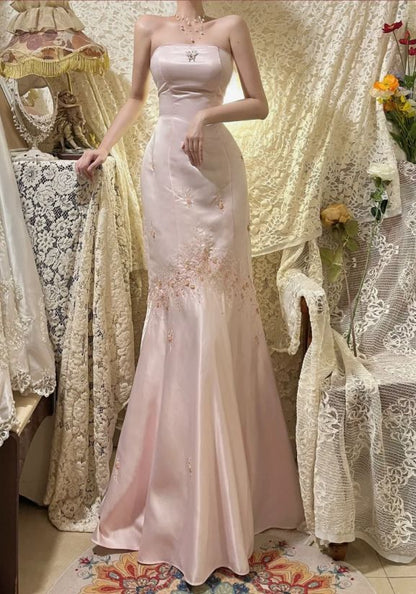 Vintage Pink Satin Embroidery Strapless Mermaid Long Prom Dress Evening Dress TP4570