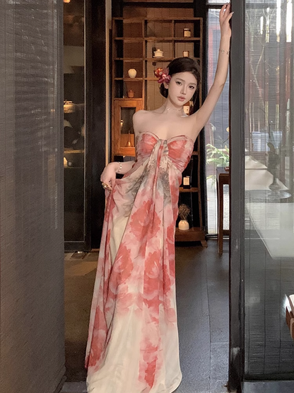 New Simple Fashion Floral Design A-Line Beach Holiday Strapless Dress TP3032