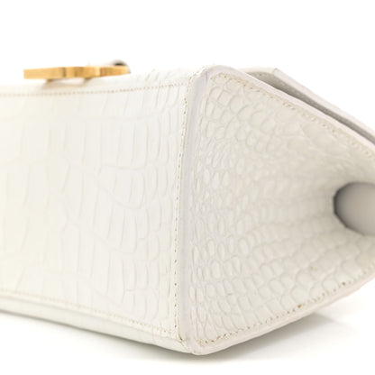 Calfskin Crocodile Embossed Small Hourglass Top Handle Bag White