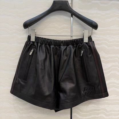 Miu SS26 Striped Nappa Leather Shorts Black Lambskin 351112