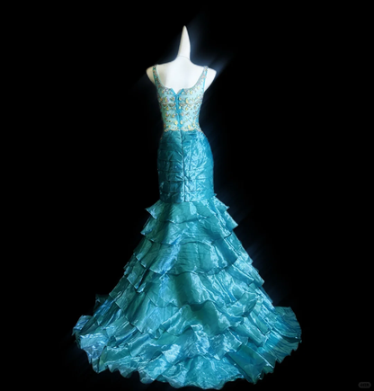 Gorgeous Blue Shiny Beaded Mermaid Satin Tiered Prom Dress Evening Dress TP4337