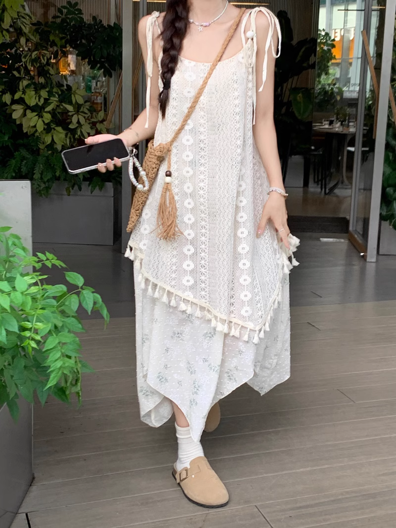 New Fashion Beige Floral Design A-line Beach Holiday Long Spaghetti Strap Dress TP3327