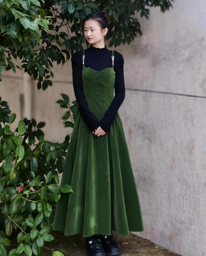 Fairy French retro velvet suspender skirt slim fit waist long skirt dress R1722