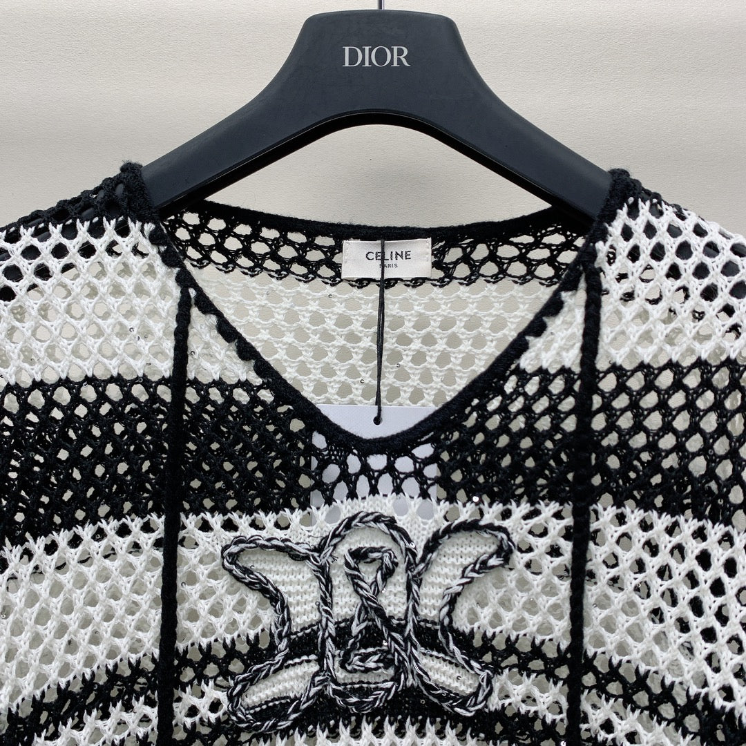 Celine 25 Hollow Crochet Cardigan Black White Wool Polyester 277568