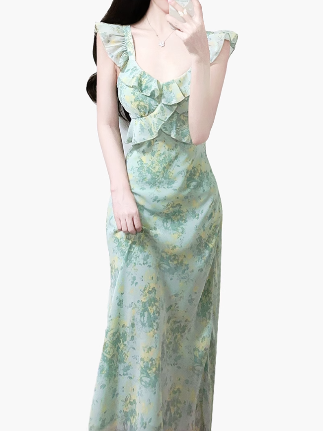 2025 Summer New Green Floral French Tea Break Seaside Vacation Long Dress R0975