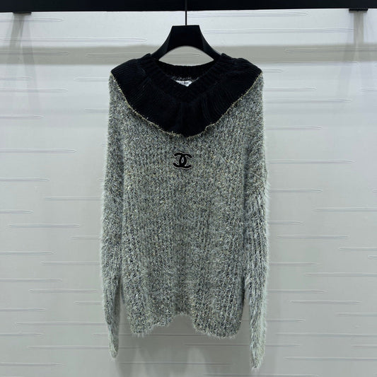 Chanel 2025 Ruffled Collar Shimmering Sweater Gray Black Polyester Wool 319566