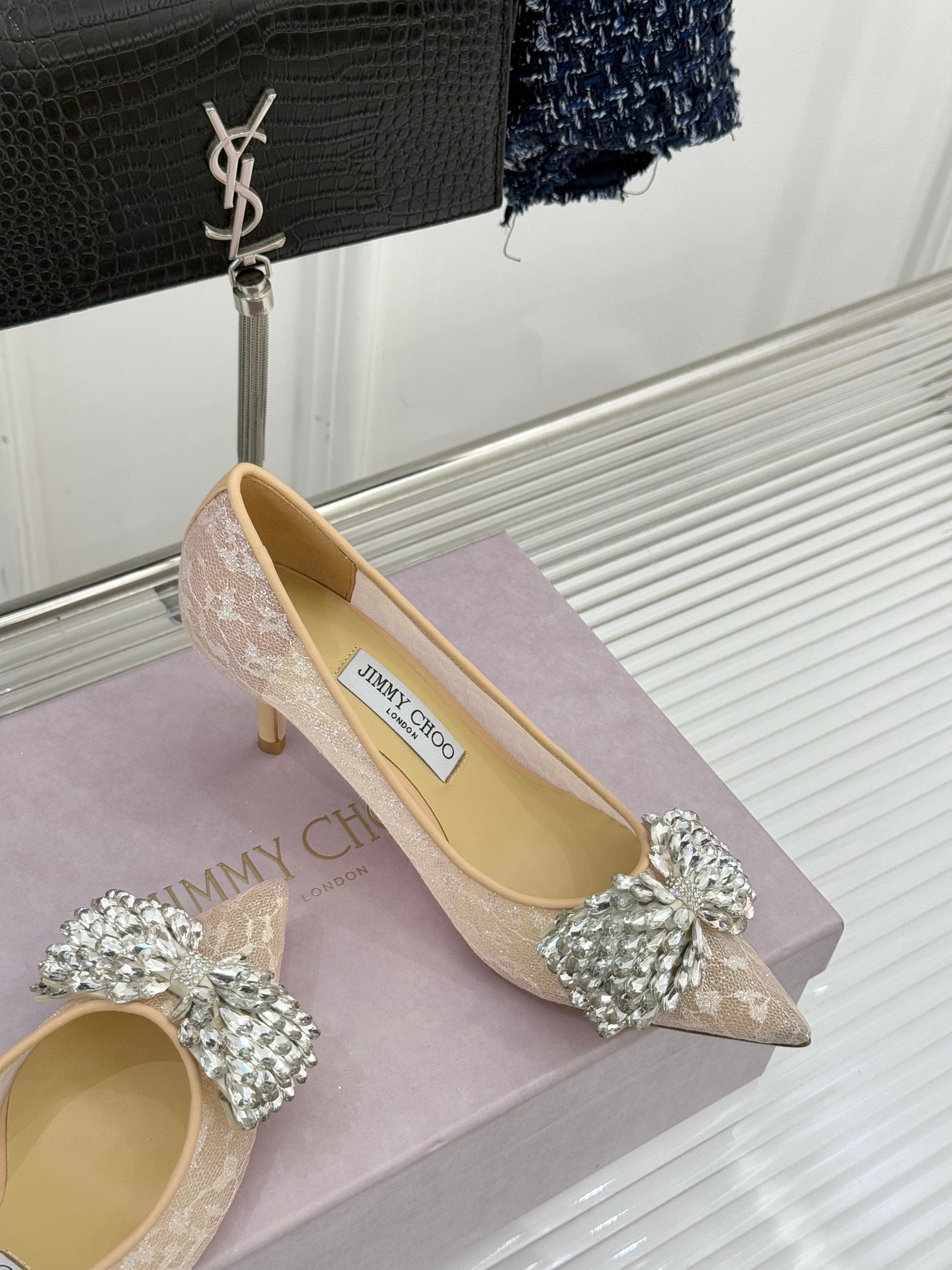 JC25WF Rhinestone Bow Pionted Toe High Heels 65 Nude Sheepskin 573536