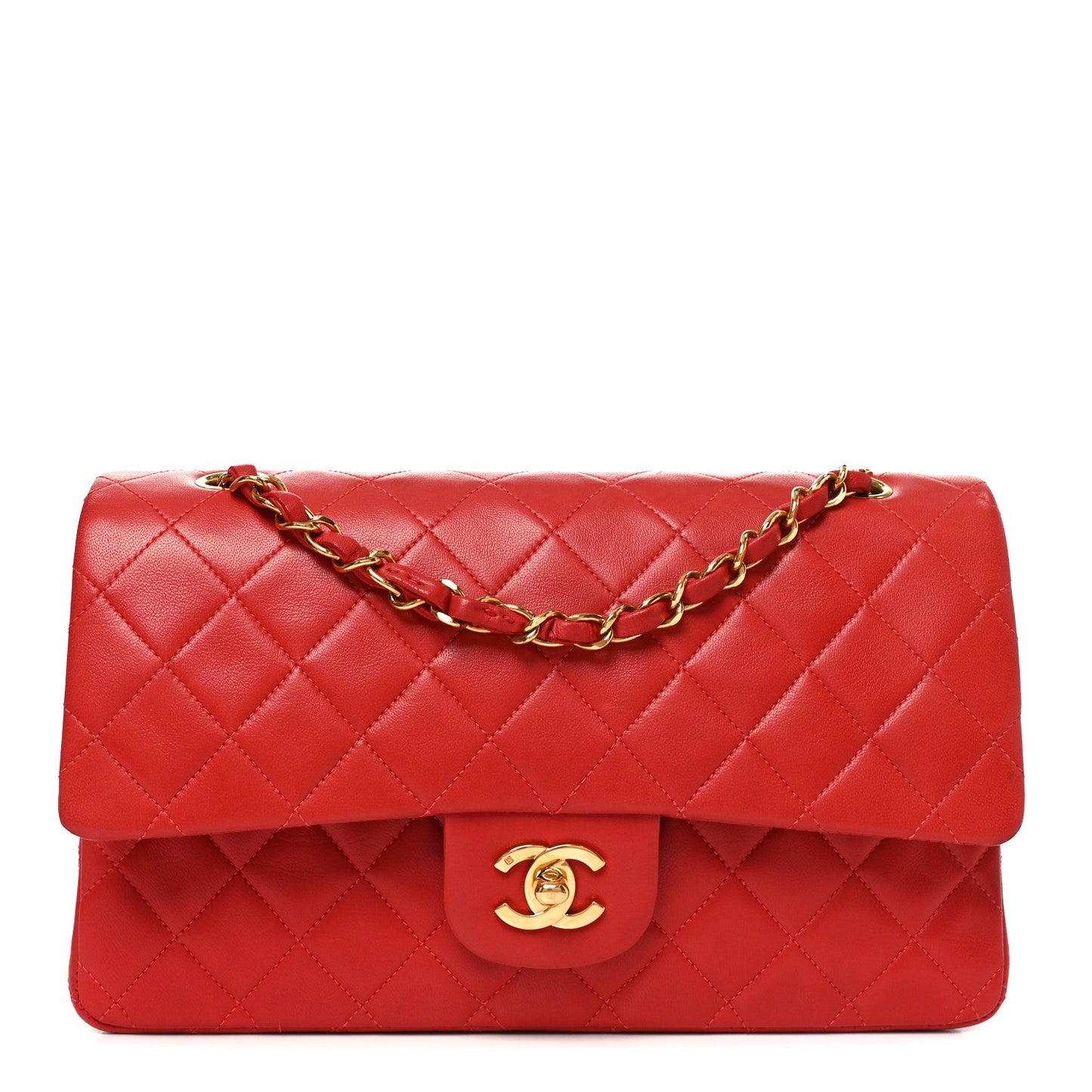 Lambskin Quilted Medium Double Flap Red