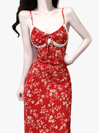 2025 Summer New Red Floral Sexy V-neck Mid-length Holiday Suspender Dress R0919