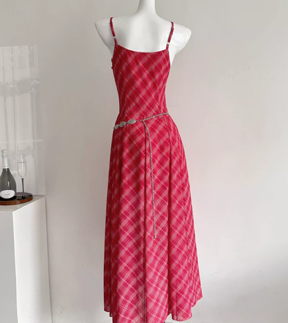 2025 new style temperament waist slim red plaid long suspender dress R2020