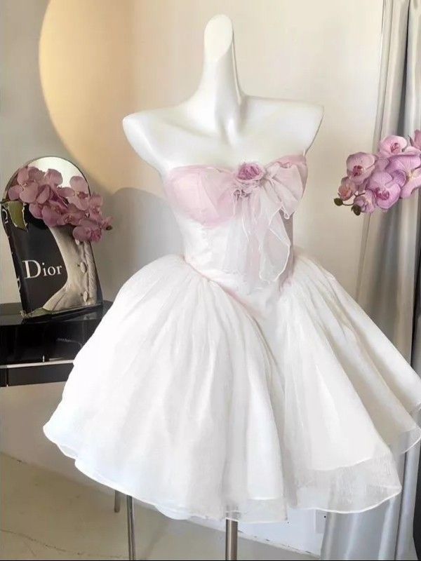 Pink tube top waist slim fit puffy skirt princess short skirt homecoming dress R3939