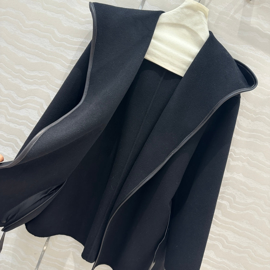 BV Hooded Leather Belt Coat in Black Cashmere