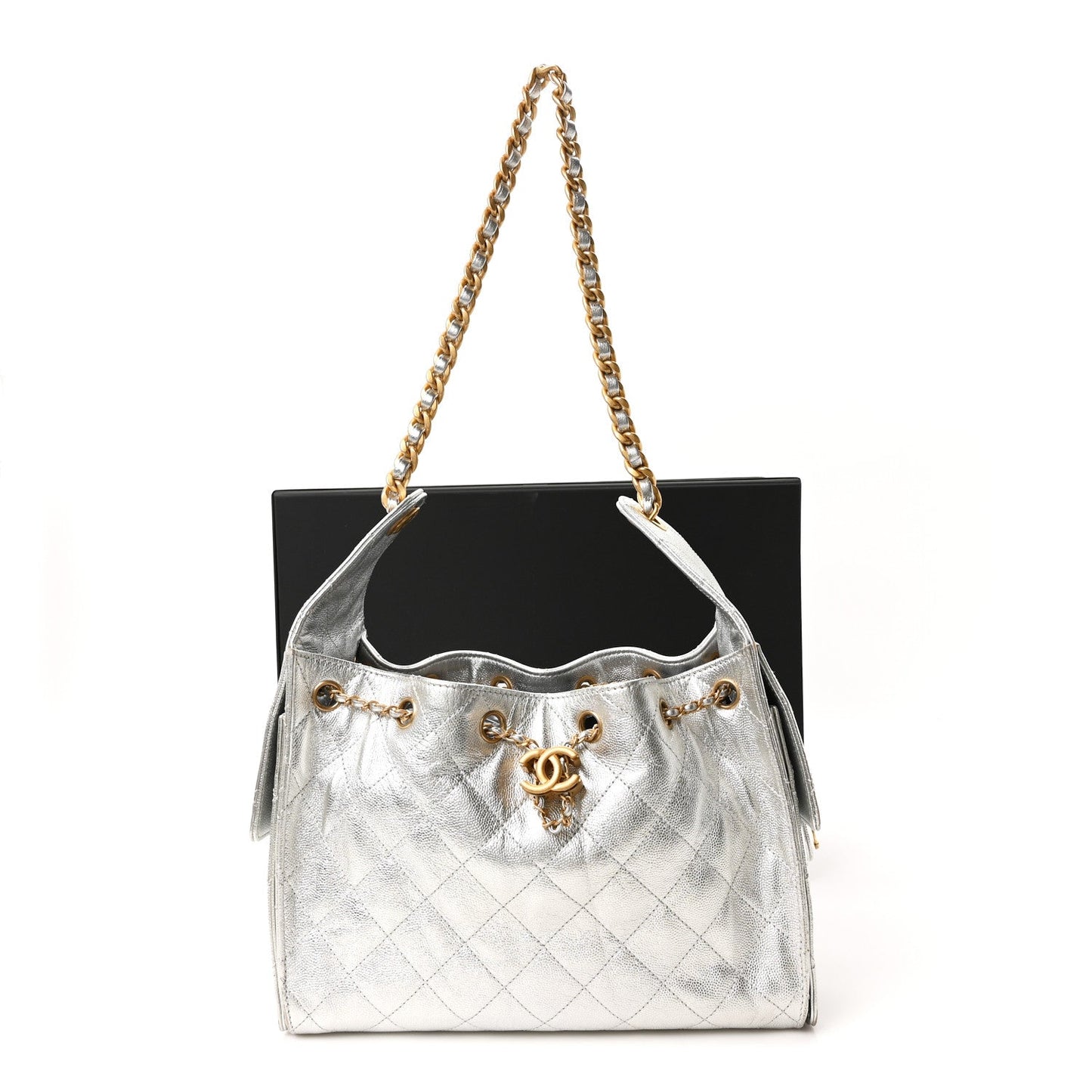 Metallic Caviar Quilted Small Chanel 25 Handbag Silver