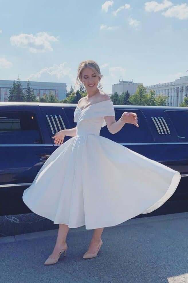 A Line Ankle Length Homecoming Dress, Ivory Off Shoulder Satin Short Wedding Dresses