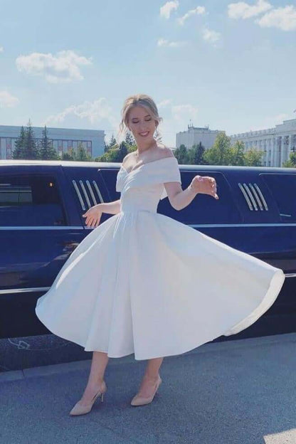 A Line Ankle Length Homecoming Dress, Ivory Off Shoulder Satin Short Wedding Dresses