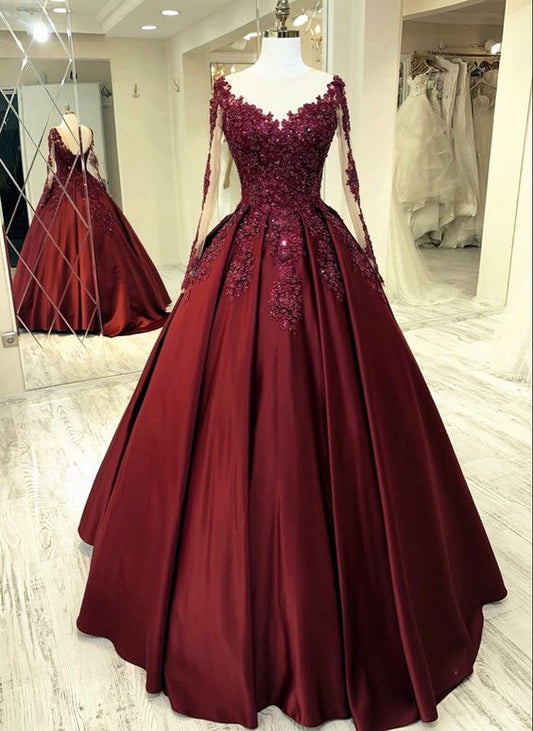 Elegant Burgundy Wedding Dress Lace Long Sleeves Ball Gowns Sheer Neckline For Women Prom Dress