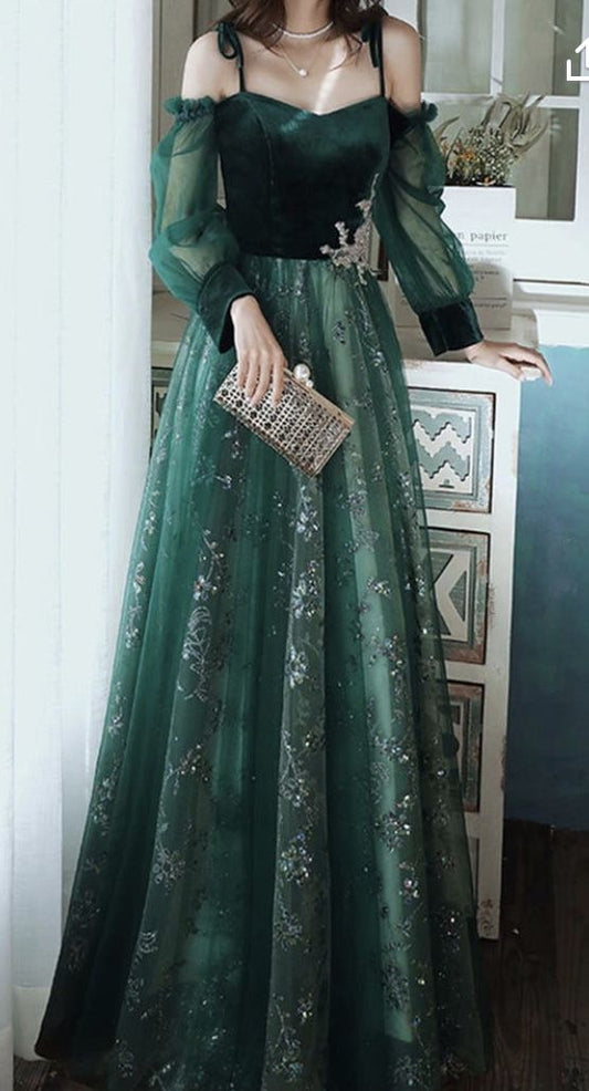 Elegant Dark Green Lace Gowns Prom Dresses,