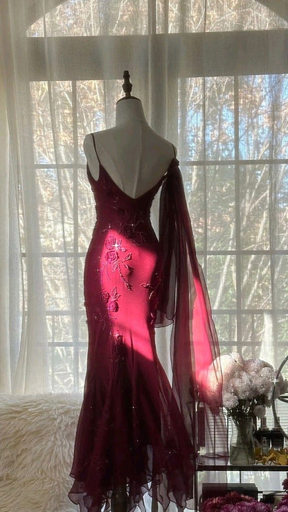 Elegant Mermaid Spaghetti Straps Burgundy Chiffon Prom Dress Inspiration Trending Prom Gown Prom Dresses
