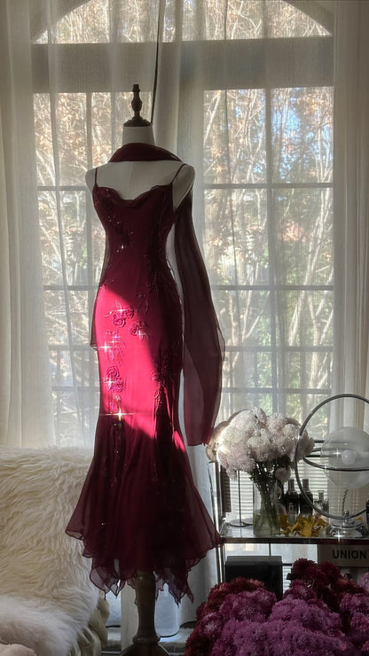 Elegant Mermaid Spaghetti Straps Burgundy Chiffon Prom Dress Inspiration Trending Prom Gown Prom Dresses