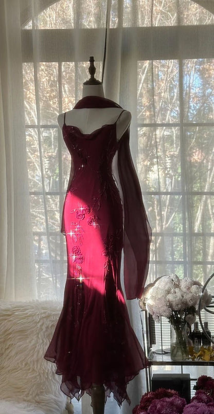 Elegant Mermaid Spaghetti Straps Burgundy Chiffon Prom Dress Inspiration Trending Prom Gown Prom Dresses