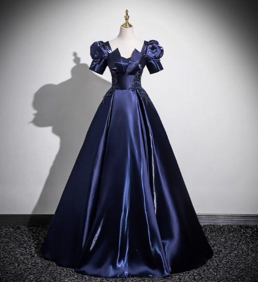 Elegant Navy Blue Puff Sleeve Satin Long Ball Gown Evening Dresses Sweet 16 Dresses