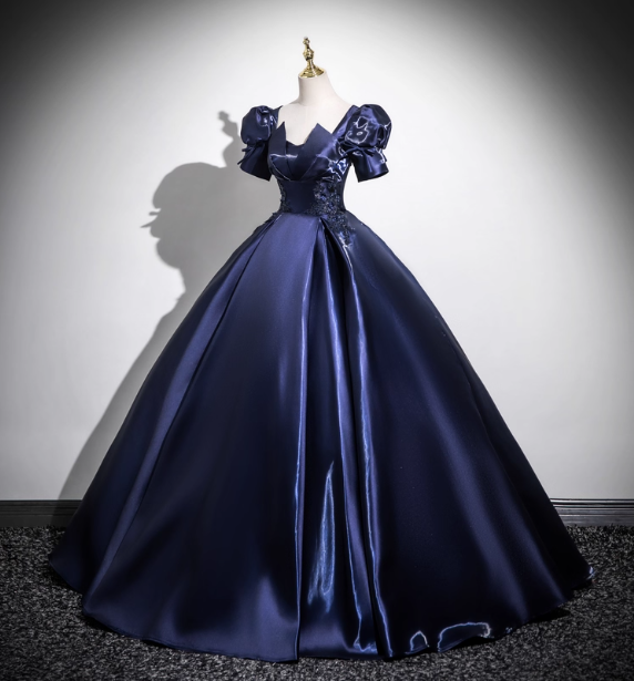 Elegant Navy Blue Puff Sleeve Satin Long Ball Gown Evening Dresses Sweet 16 Dresses
