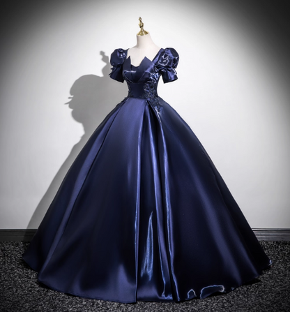 Elegant Navy Blue Puff Sleeve Satin Long Ball Gown Evening Dresses Sweet 16 Dresses