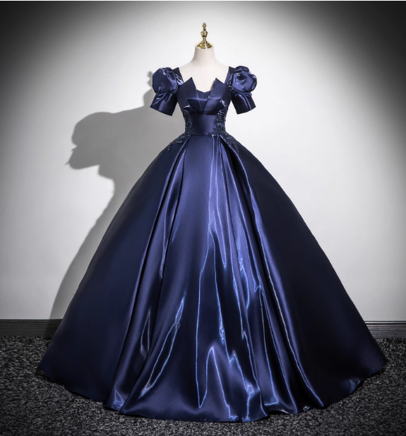 Elegant Navy Blue Puff Sleeve Satin Long Ball Gown Evening Dresses Sweet 16 Dresses