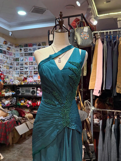 Elegant Peacock Green One-Shoulder Pearl Ribbon Satin Long Prom Dresses Evening Gown
