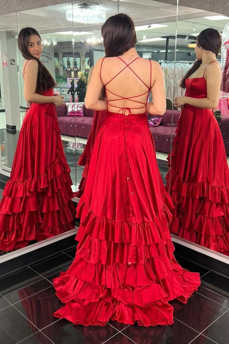 Strapless A Line Lace-Up Ruffled Tiered Prom Dress with Slit