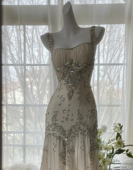 Elegant Spaghetti Straps Apricot Beaded Chiffon Mermaid Gown Vintage Backless Prom Dresses