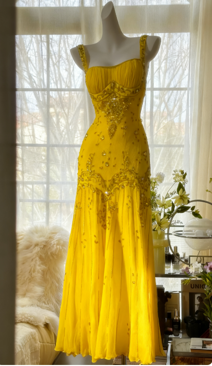 Elegant Spaghetti Straps Apricot Beaded Chiffon Mermaid Gown Vintage Backless Prom Dresses
