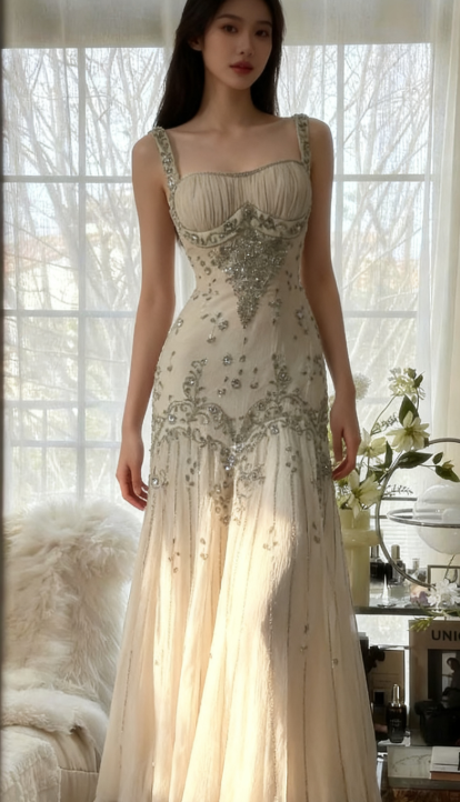 Elegant Spaghetti Straps Apricot Beaded Chiffon Mermaid Gown Vintage Backless Prom Dresses