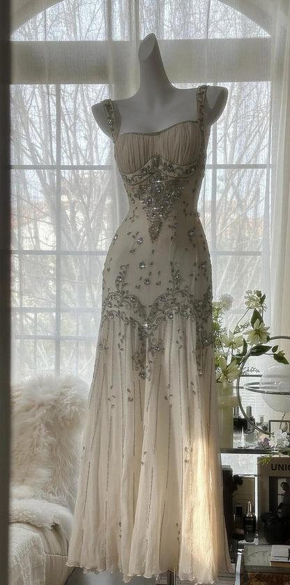 Elegant Spaghetti Straps Apricot Beaded Chiffon Mermaid Gown Vintage Backless Prom Dresses