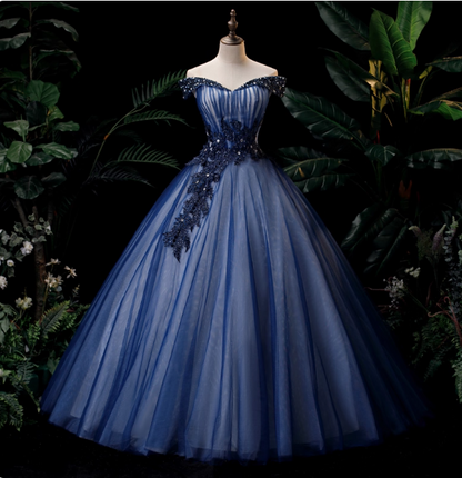 Elegant Teal Blue Off-The-Shoulder Embroidered Tulle Ball Gown Evening Dresses Sweet 16 Dresses