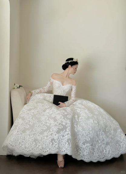 Elegant White Off-Shoulder Lace Mesh Ball Gown Wedding Dresses