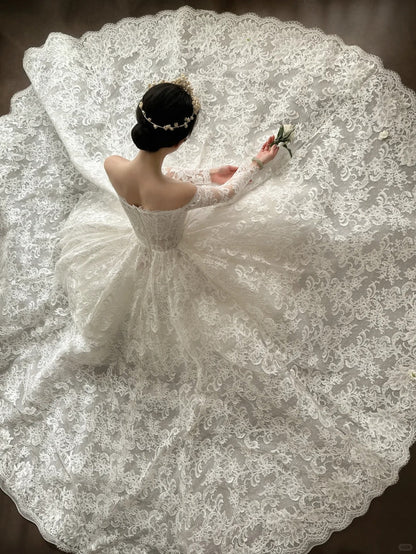 Elegant White Off-Shoulder Lace Mesh Ball Gown Wedding Dresses