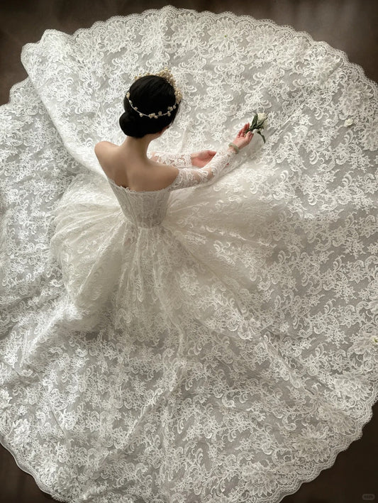 Elegant White Off-Shoulder Lace Mesh Ball Gown Wedding Dresses