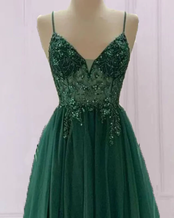 Emerald Green Beautiful V Neck Exquisite Beading Spaghetti Straps Long Tulle Handmade Custom Ball Gowns Prom Dress