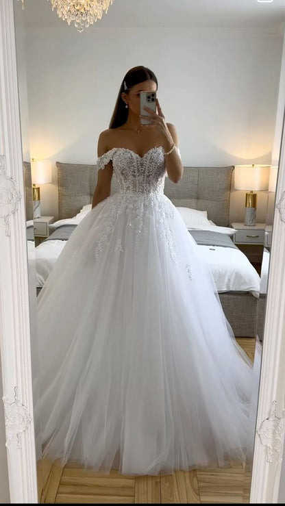Ethereal Wedding Dress Ball Gowns Off The Shoulder Tulle White Wedding Dresses Bridal Gown