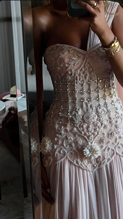 Exquisite Mermaid One Shoulder Pink Chiffon With Silver Beaded Prom Dress Long Prom Dresses 18Th Birthday Outfits Prom Gowns