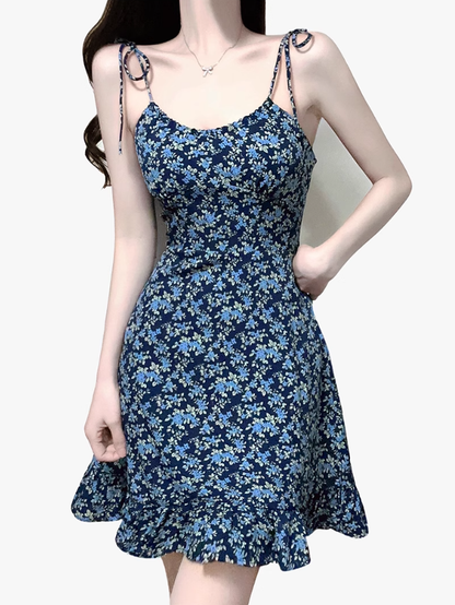 2025 Summer New Blue Floral Vacation Petite Short A-line Suspender Dress R0935